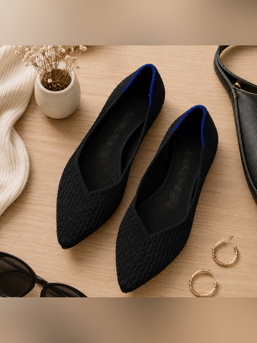 Rothy’s Women's Black Pointed Toe Knit Flat Comfort Office Casual Shoes Size 8.5